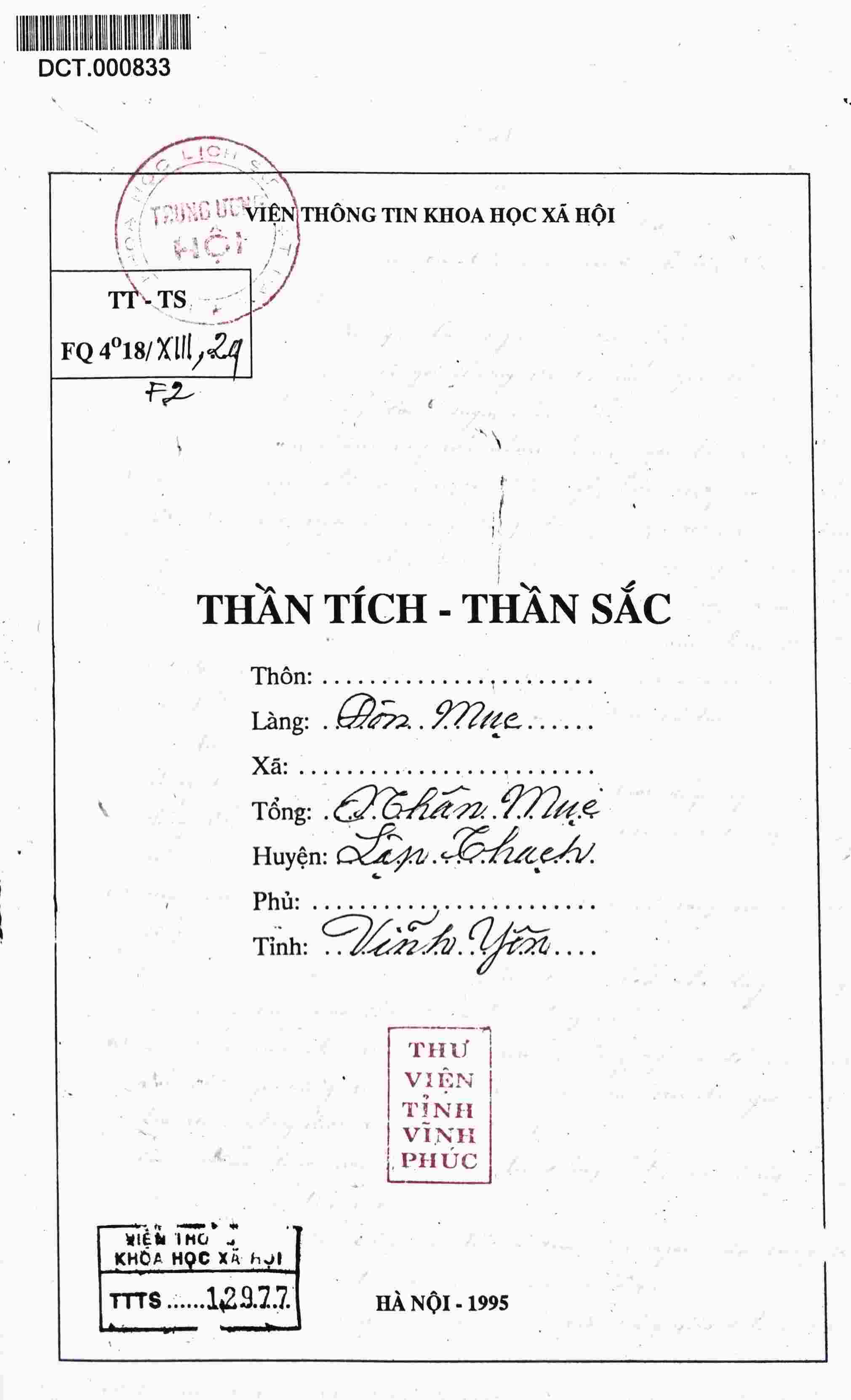 Thần tích thần sắc làng Đôn Mục tổng Nhân Mục huyện Lập Thạch tỉnh Vĩnh Yên